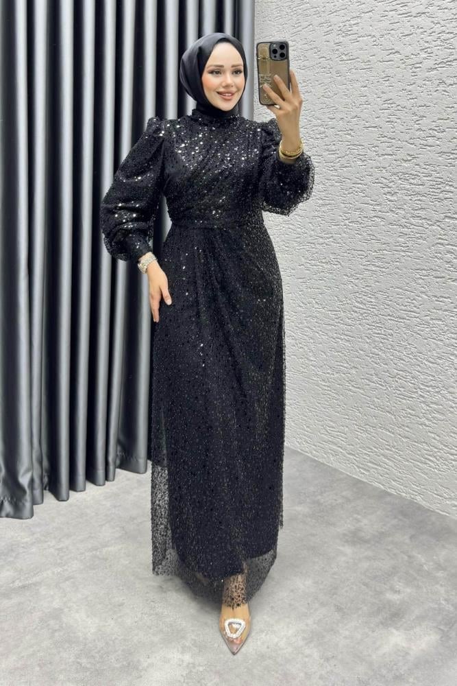 Drape İşlemeli Pullu Abiye | Siyah