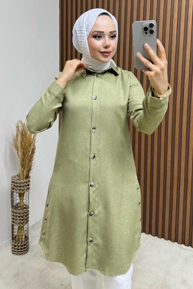 Düğme Aksesuarlı Gömlek Tunik | Mint
