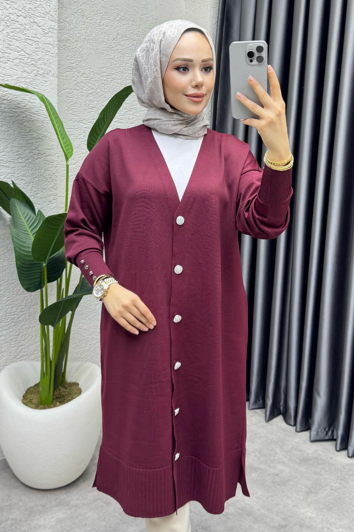Düğme Detaylı Basic Triko Hırka 2529 Bordo