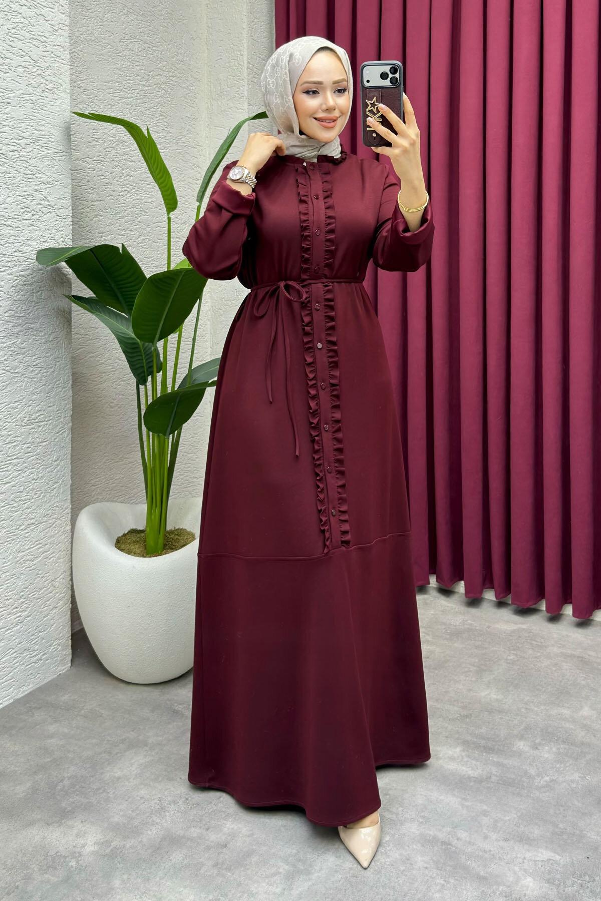 Ebru Düğme Detaylı Oyşo Elbise 6416 Bordo