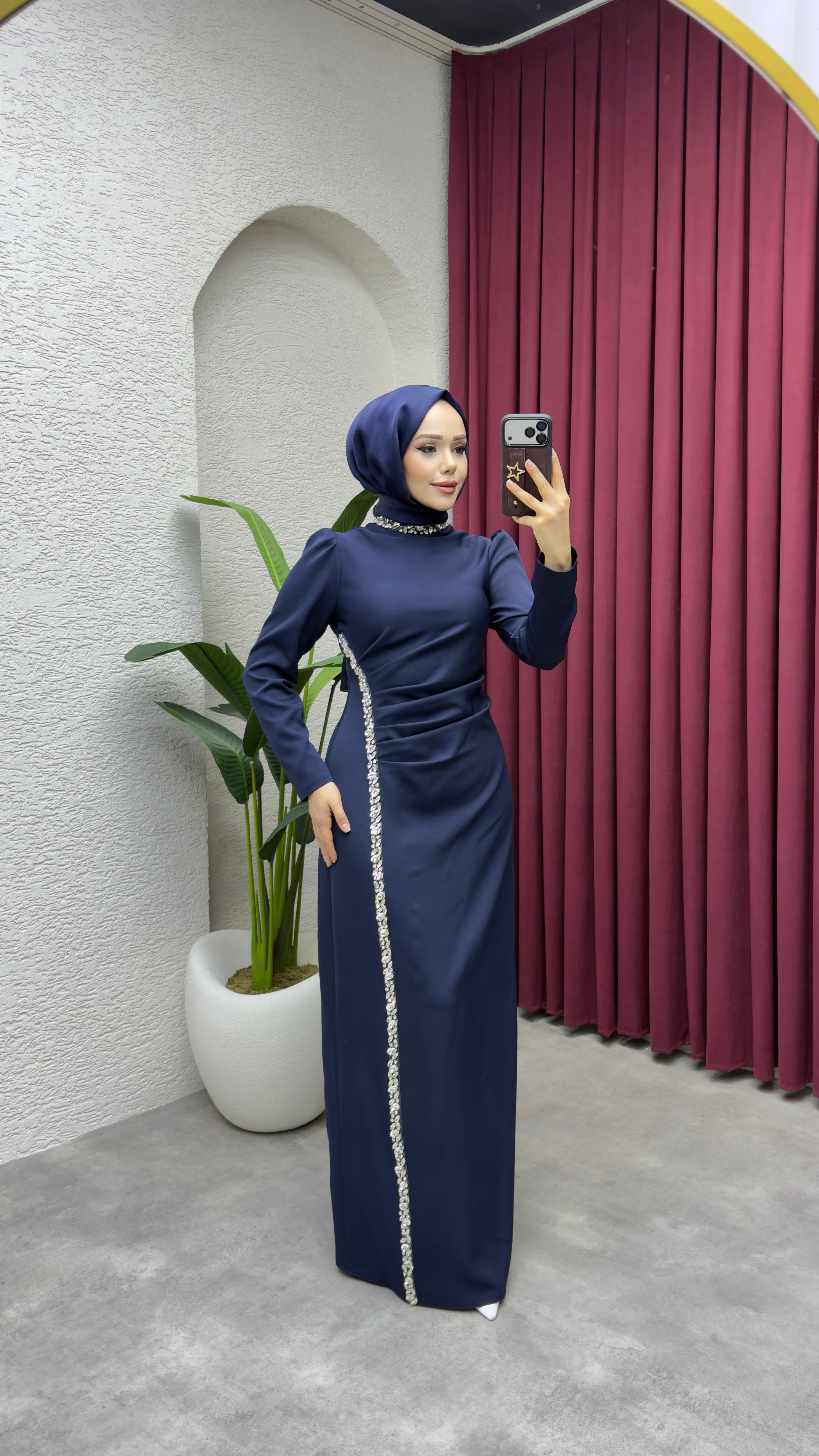 Fulya Drape Tasarım Elbise 8047 Lacivert