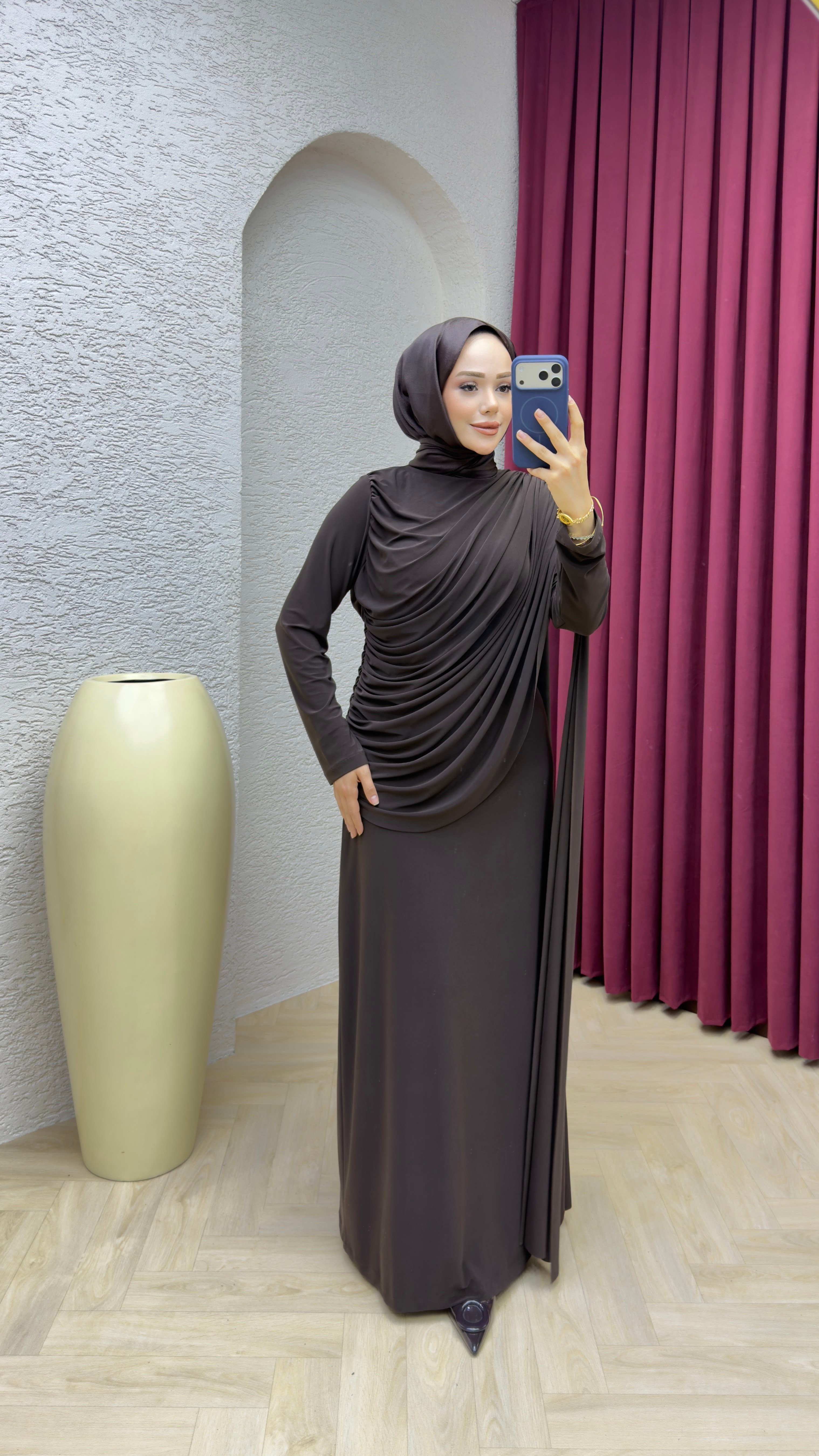 Hale Drape Detaylı Elbise 6447 Kahverengi
