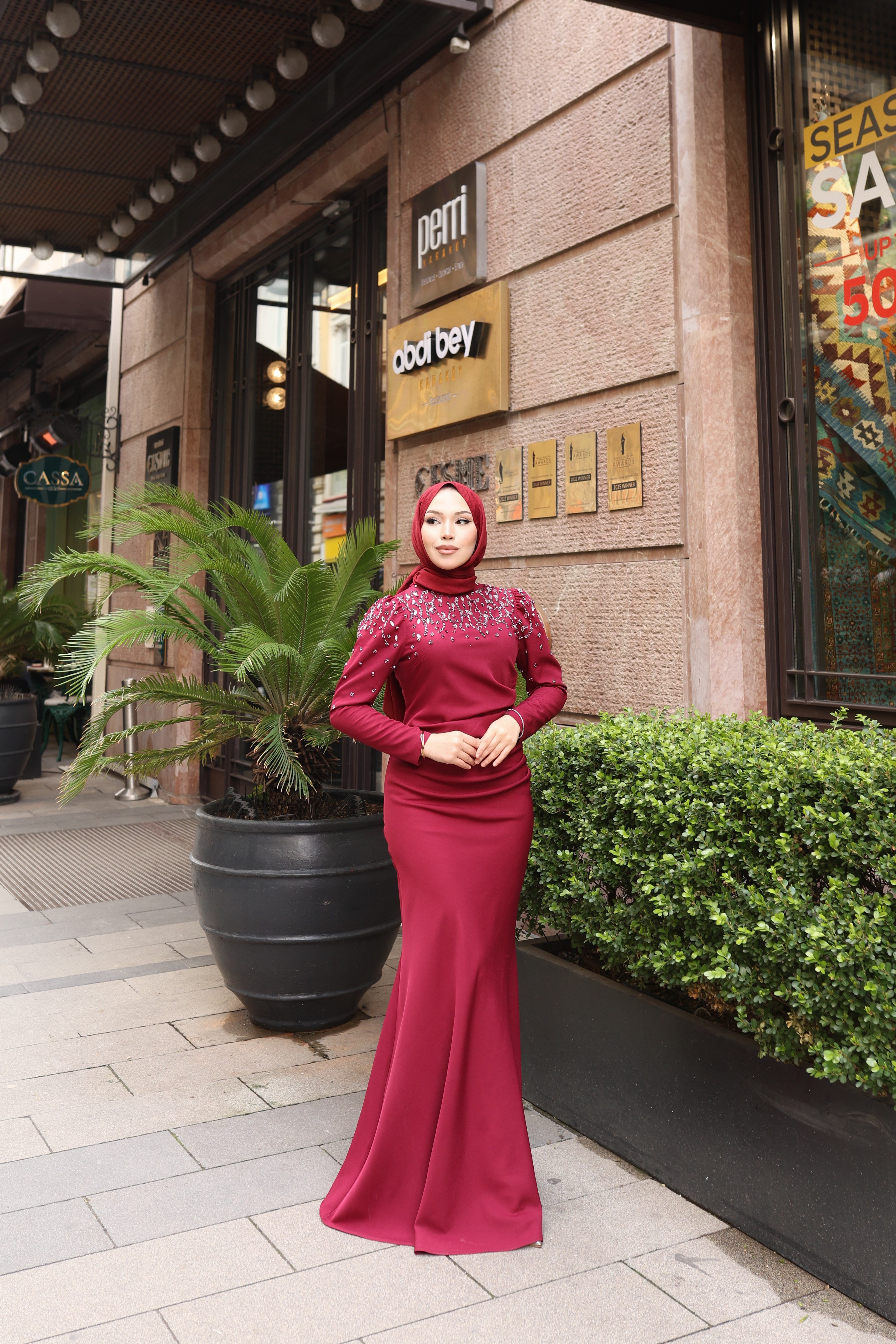 Şanel Taşlı Balık Abiye 8048 Bordo