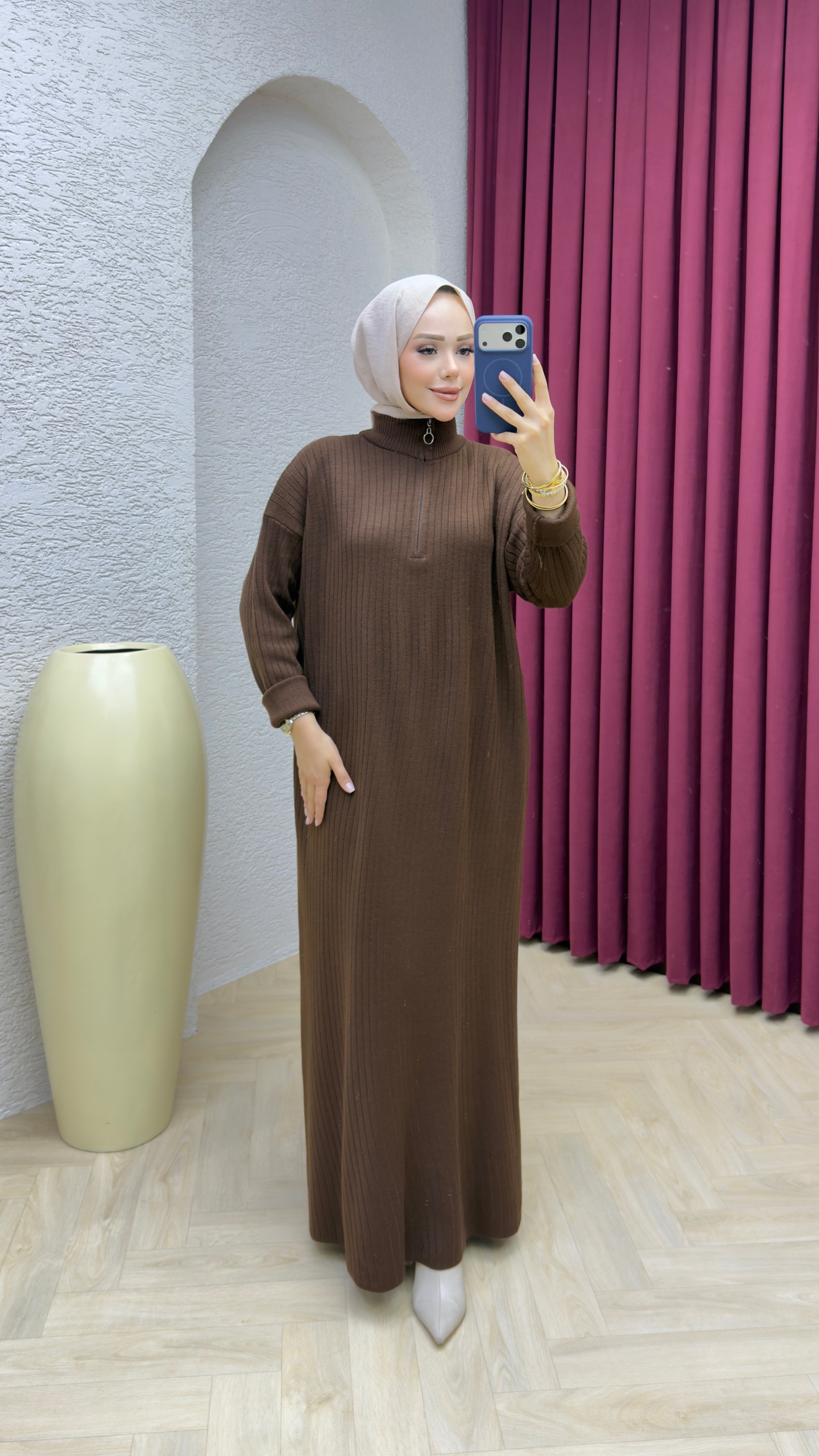 Hakim Yaka Elbise 3018 Kahve