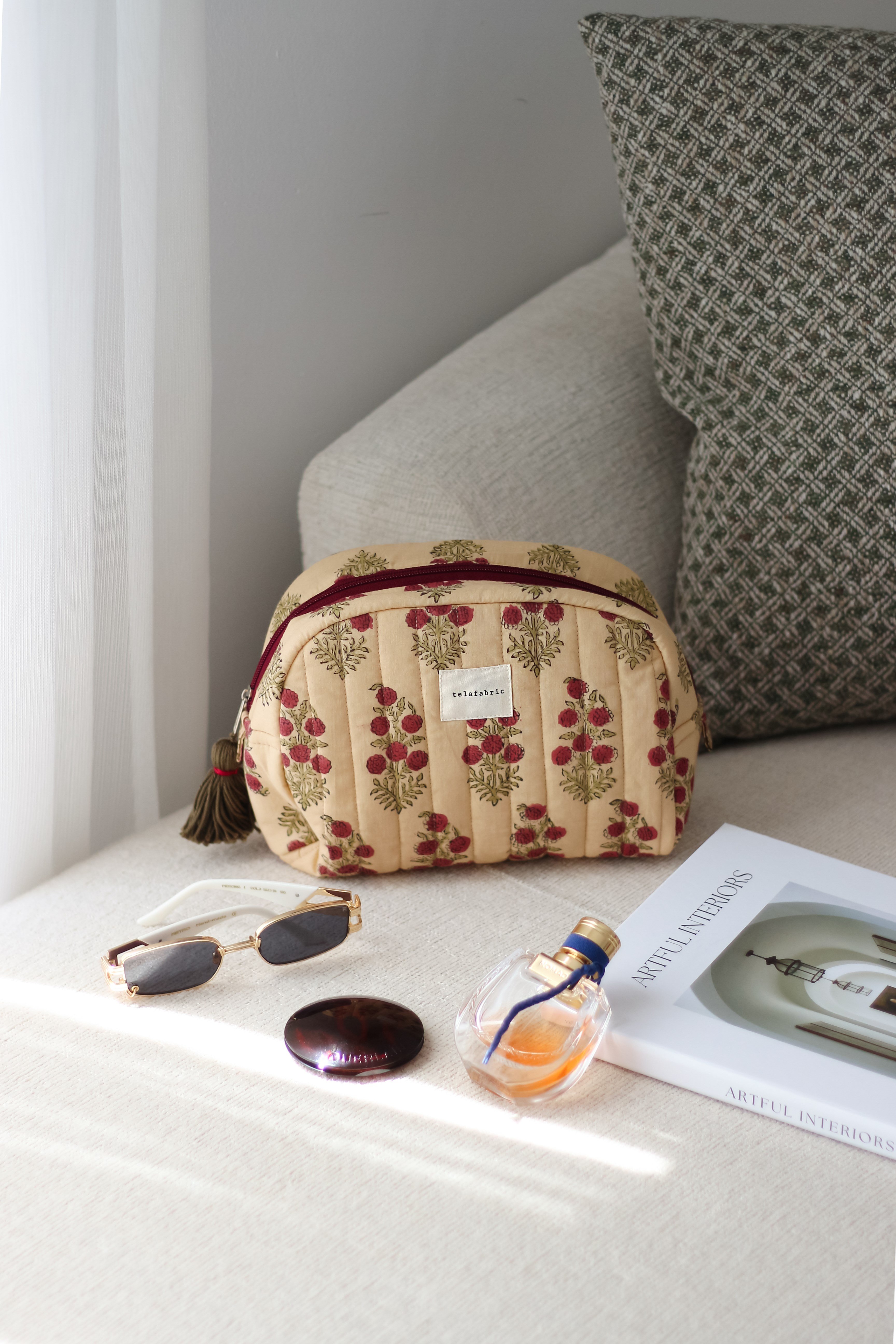 EL YAPIMI HİNT KUMAŞI CLUTCH & MAKYAJ ÇANTASI BORDO ÇİÇEKLİ