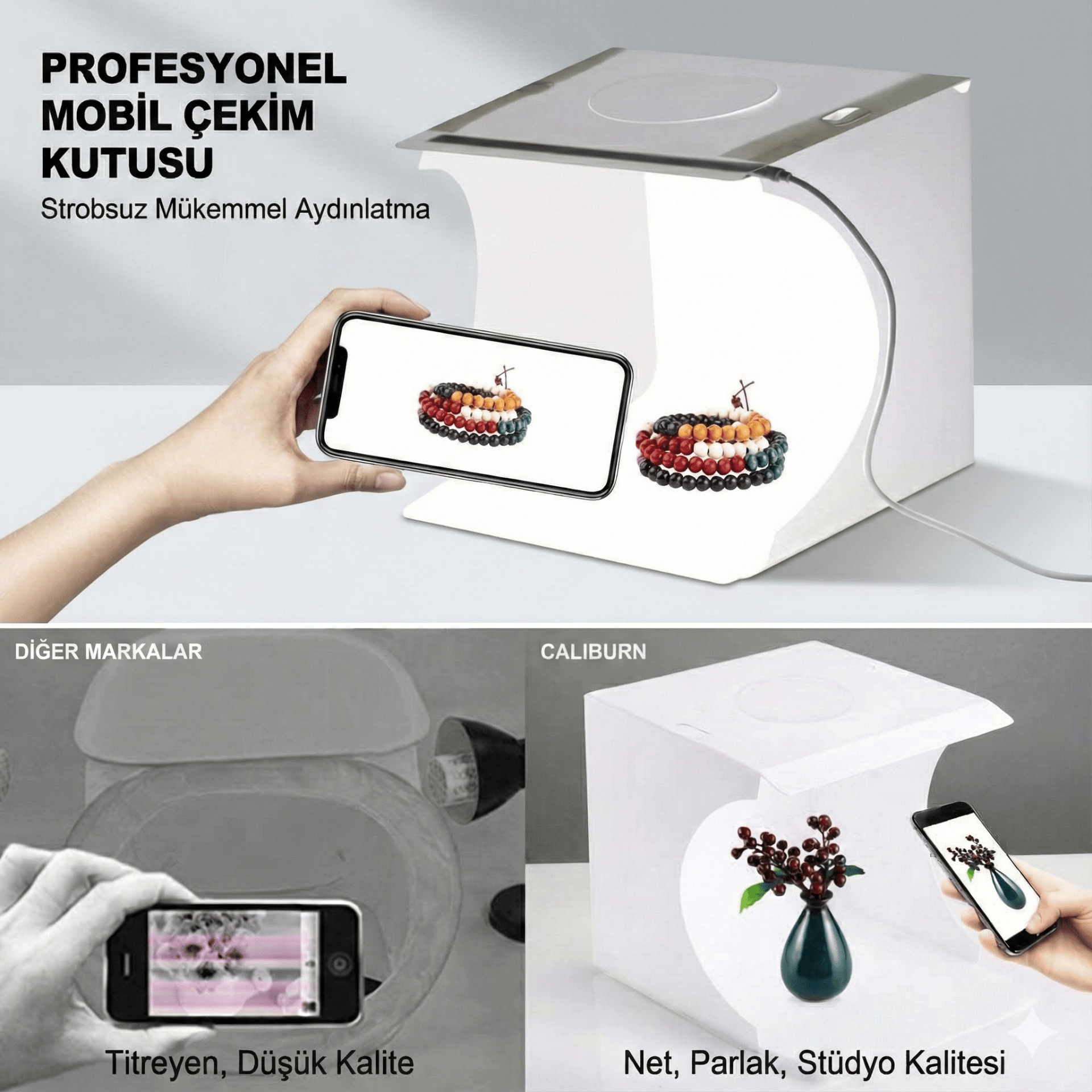 20 x 20 CM Profesyonel Stüdyo Led Işıklı Çift Sıra Ürün Fotoğraf Çekim Çadırı
