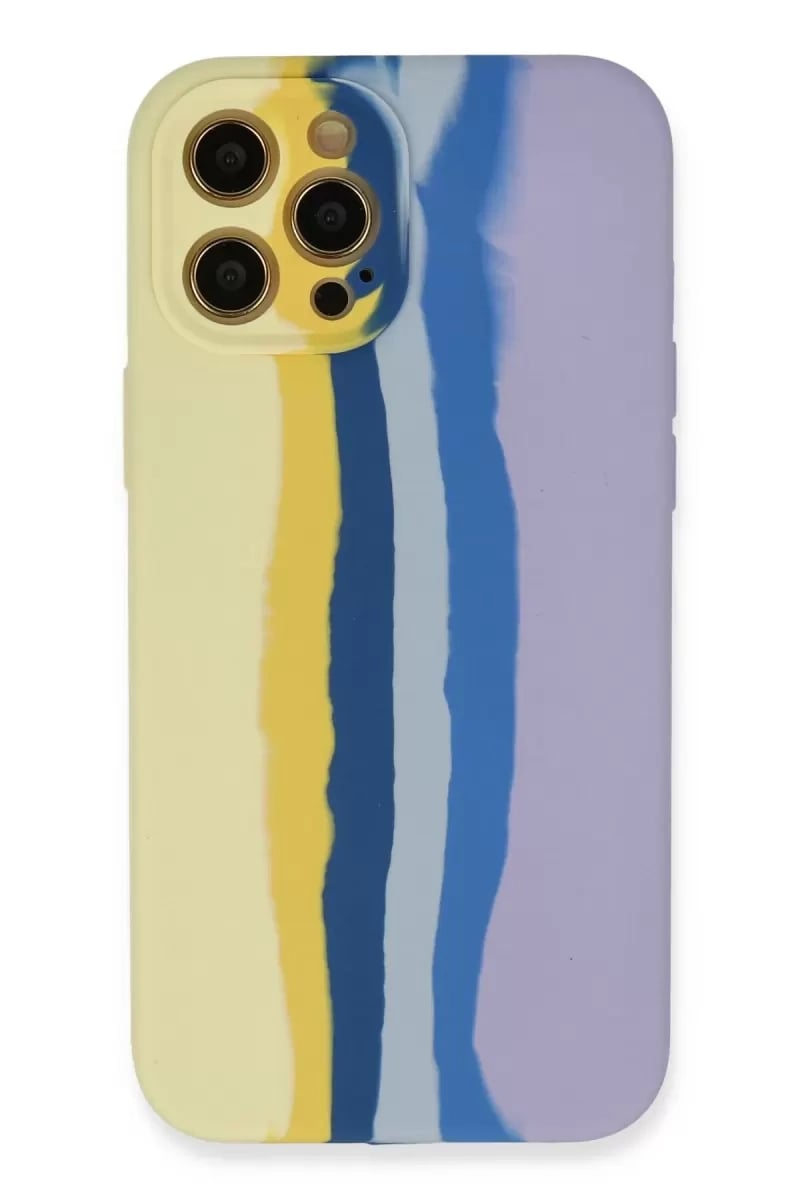 Apple iPhone 12 Pro Max Kılıf Ebruli Lansman Silikon - Sarı-Lila