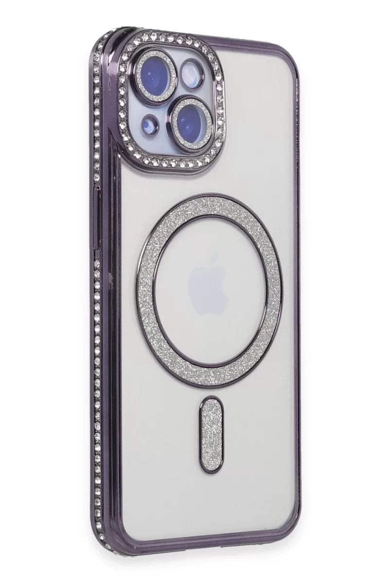 Apple iPhone 13 Kılıf Joke Simli Magneticsafe Kılıf - Derin Mor