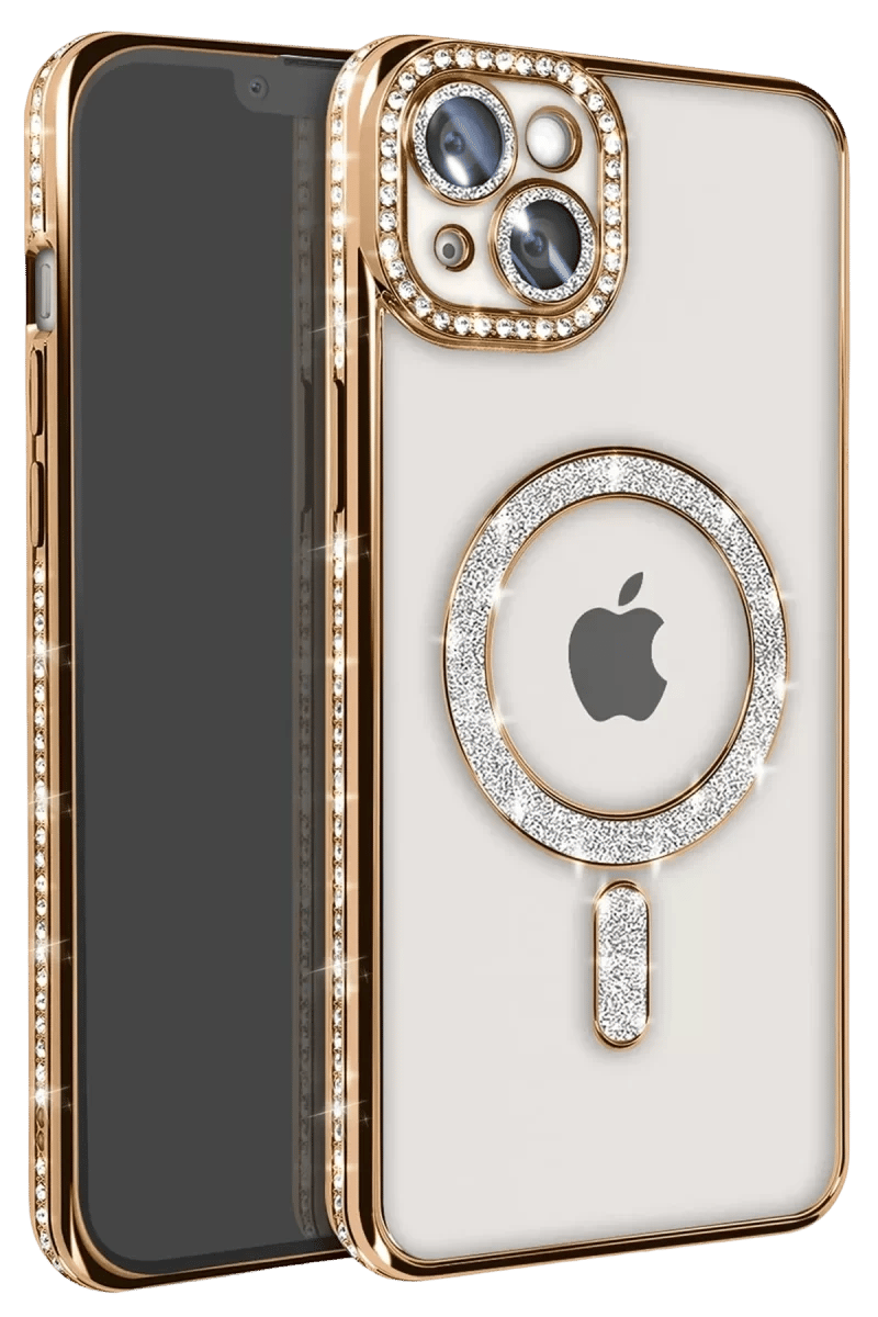 Apple iPhone 14 Kılıf Joke Simli Magneticsafe Kılıf - Gold