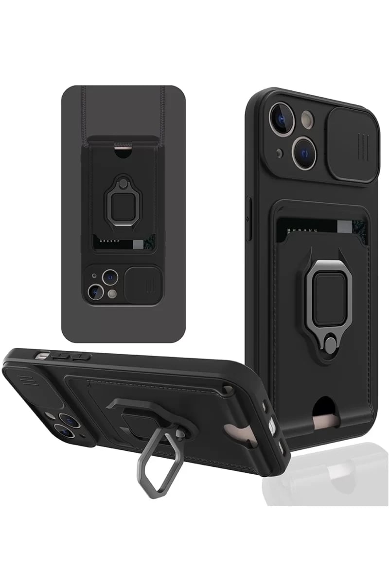 Apple iPhone 14 Plus Kılıf Zuma Kartvizitli Yüzüklü Silikon - Siyah