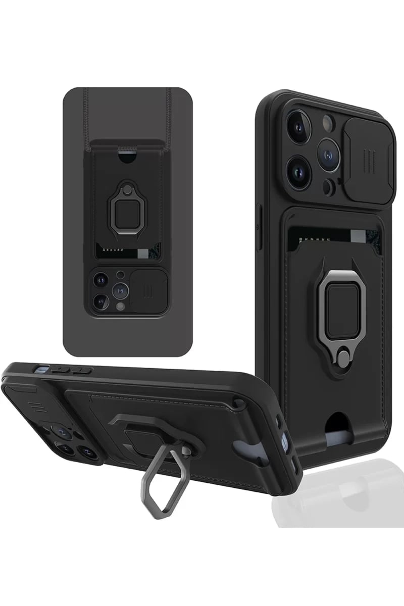 Apple iPhone 14 Pro Kılıf Zuma Kartvizitli Yüzüklü Silikon - Siyah