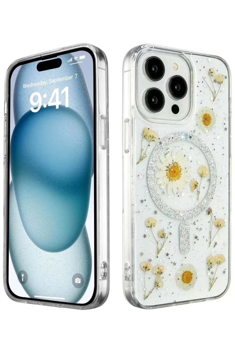 Apple iPhone 14 Pro Max Kılıf Daisy Simli Magsafe Kapak - Gümüş