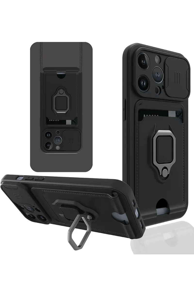 Apple iPhone 14 Pro Max Kılıf Zuma Kartvizitli Yüzüklü Silikon - Siyah