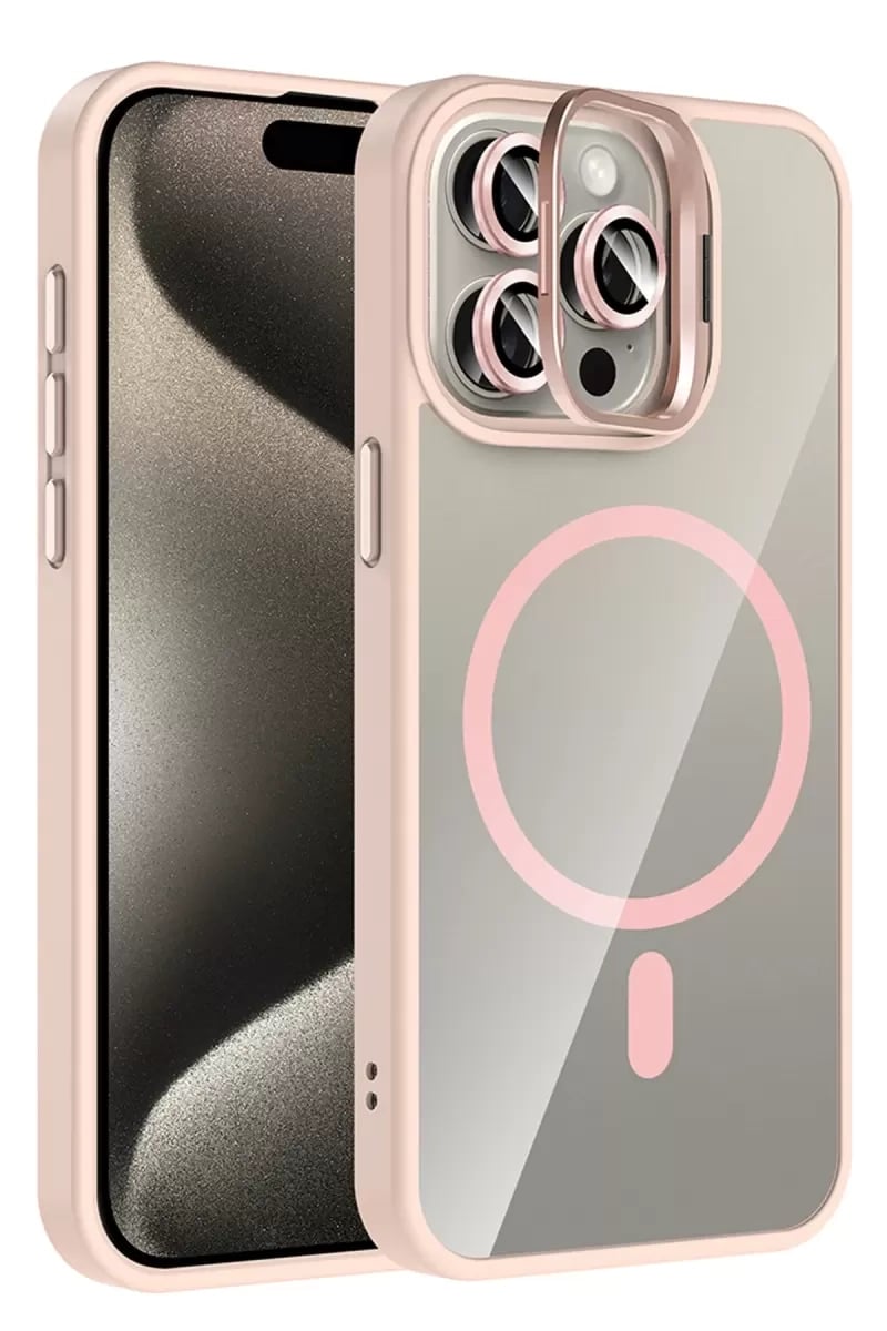 Apple iPhone 14 Pro Max Remim Lensli Magsafe Standlı Kapak - Pembe