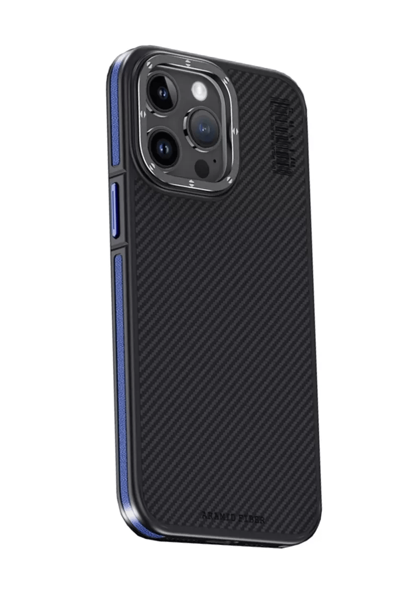 Apple iPhone 15 Pro Kılıf Aramid 600D Kevlar Karbon Fiber Magsafe Kapak - Lacivert