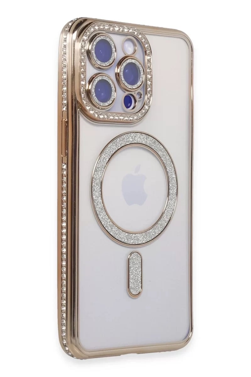 Apple iPhone 15 Pro Kılıf Joke Simli Magneticsafe Kılıf - Gold