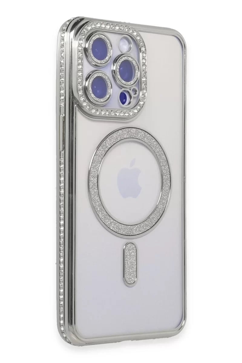Apple iPhone 15 Pro Kılıf Joke Simli Magneticsafe Kılıf - Gümüş