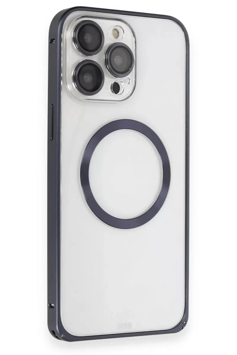 Apple iPhone 15 Pro Max Kılıf Metal Bumper Magneticsafe Kapak - Lacivert