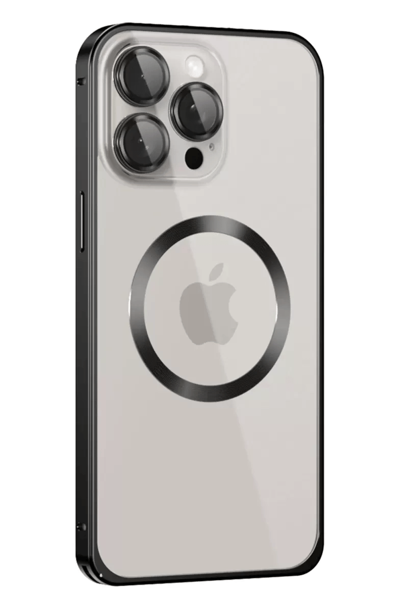 Apple iPhone 15 Pro Max Kılıf Metal Bumper Magneticsafe Kapak - Siyah