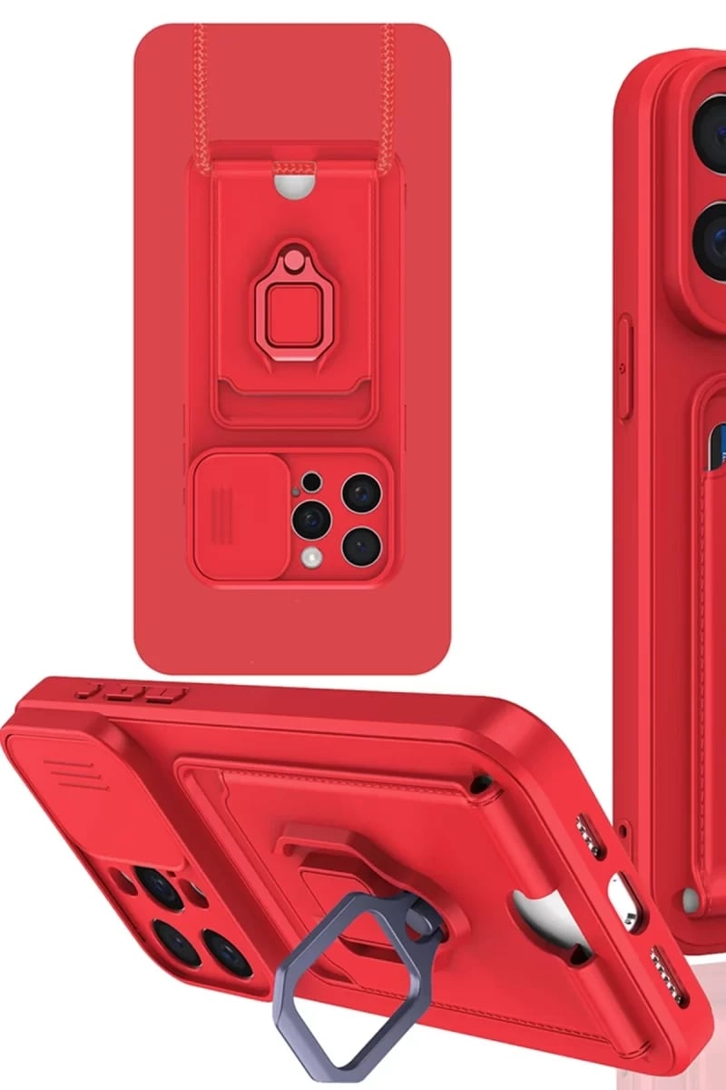 Apple iPhone 15 Pro Max Kılıf Zuma Kartvizitli Yüzüklü Silikon - Kırmızı