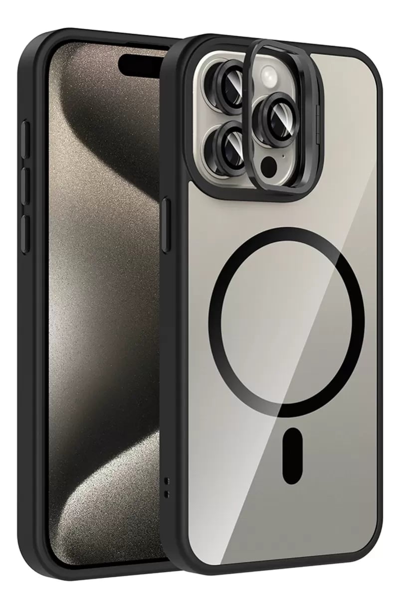 Apple iPhone 15 Pro Max Remim Lensli Magsafe Standlı Kapak - Siyah