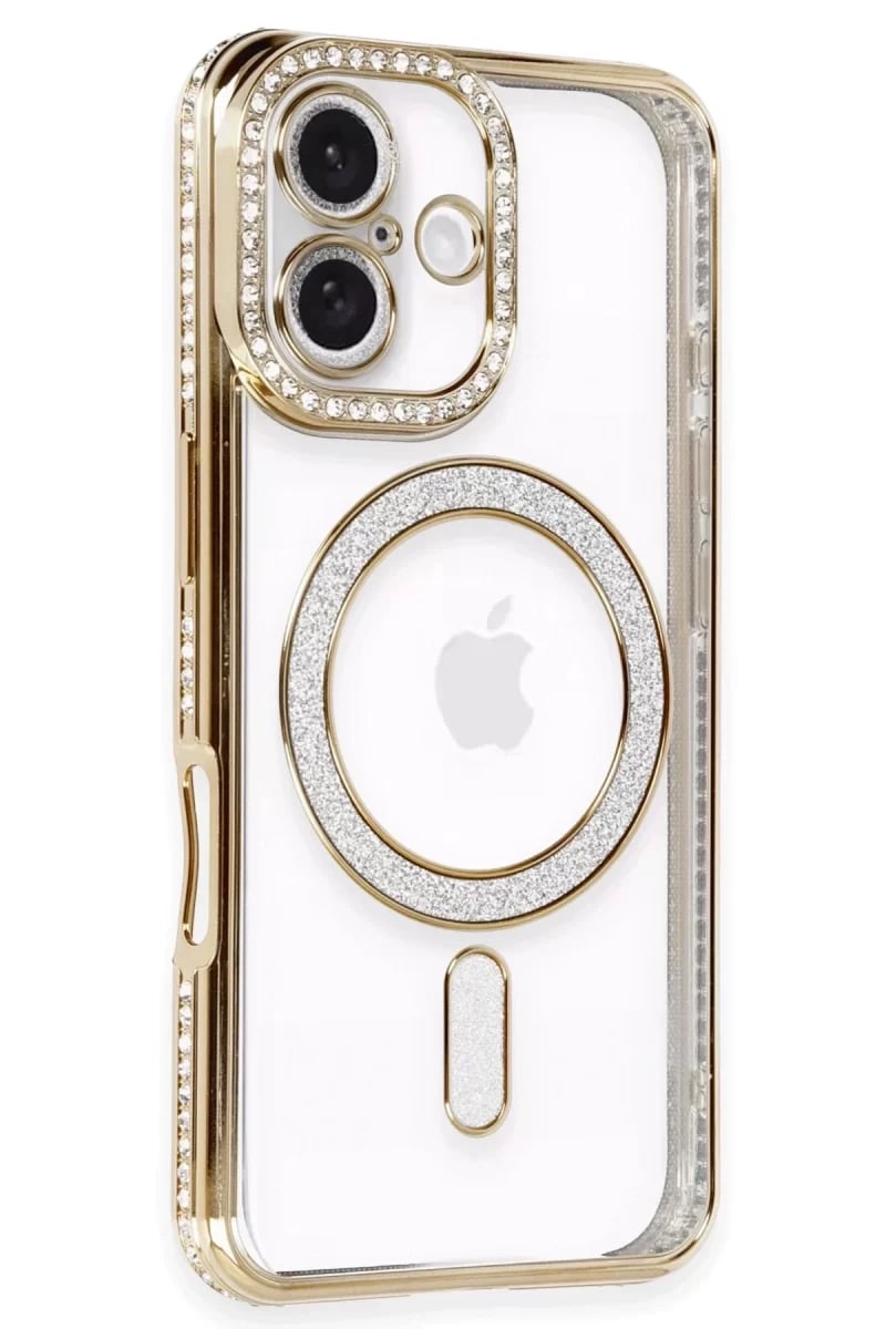 Apple iPhone 16 Kılıf Joke Simli Magneticsafe Kılıf - Gold