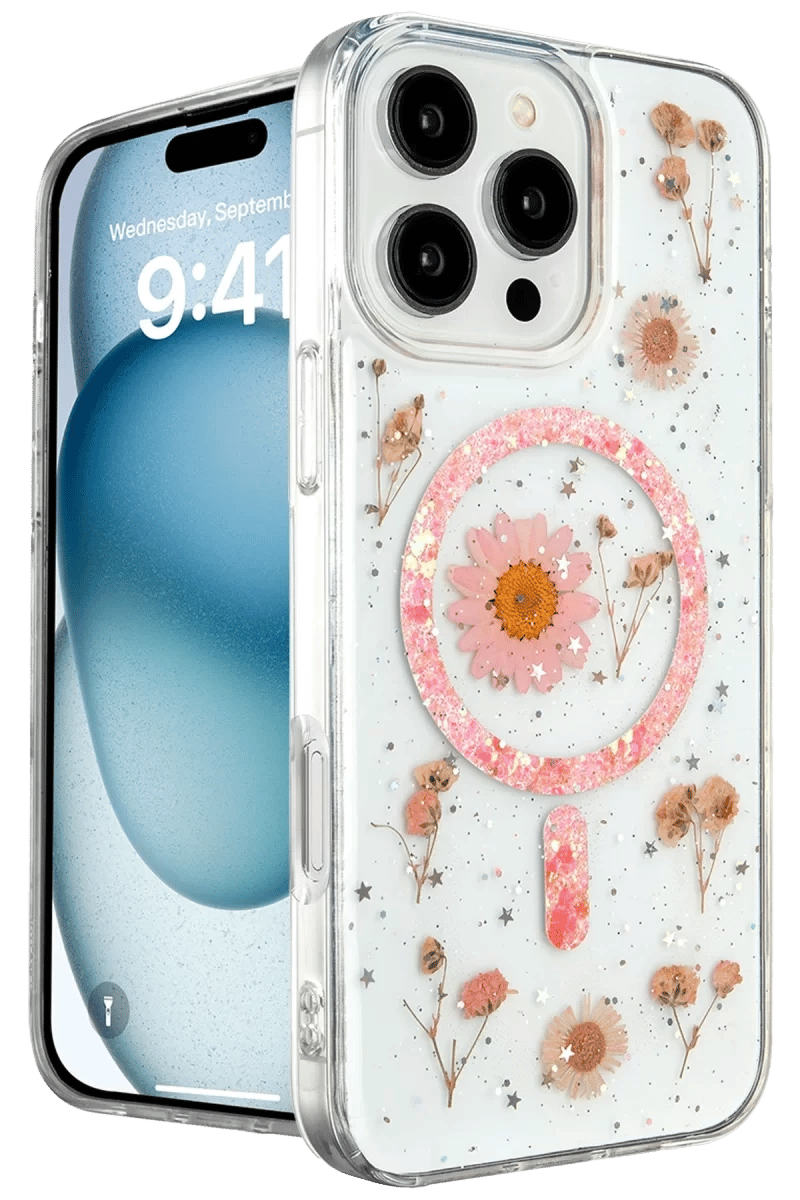 Apple iPhone 16 Pro Kılıf Daisy Simli Magsafe Kapak - Pembe