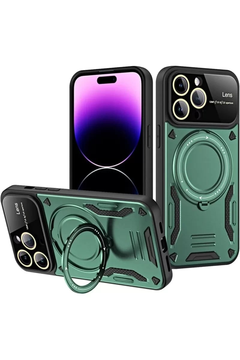 Apple iPhone 16 Pro Max Kılıf Joy Lens Standlı Kapak - Koyu Yeşil