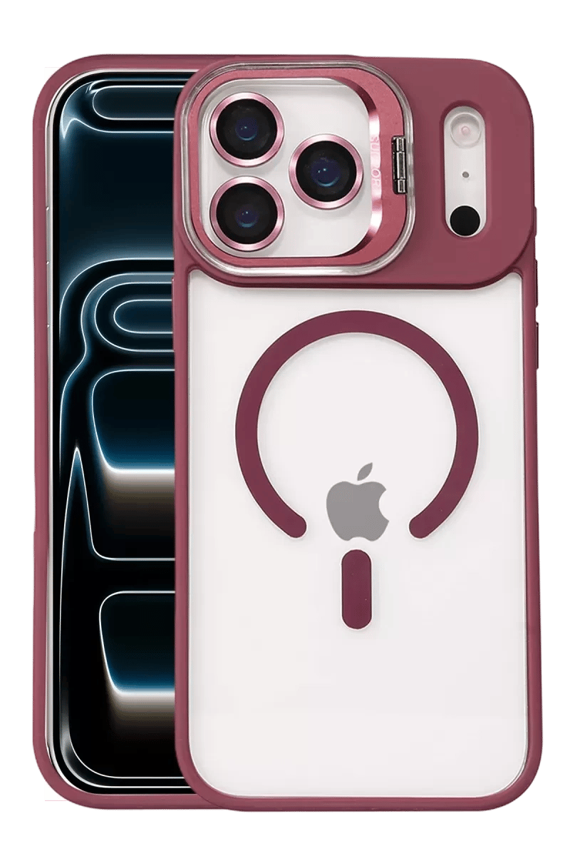 Apple iPhone 17 Pro Max Remim Lensli Magsafe Standlı Kapak - Bordo