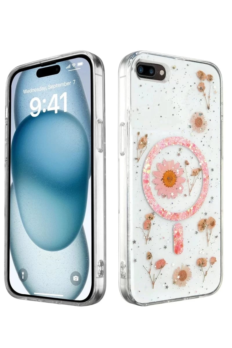 Apple iPhone 7 Plus Kılıf Daisy Simli Magsafe Kapak - Pembe
