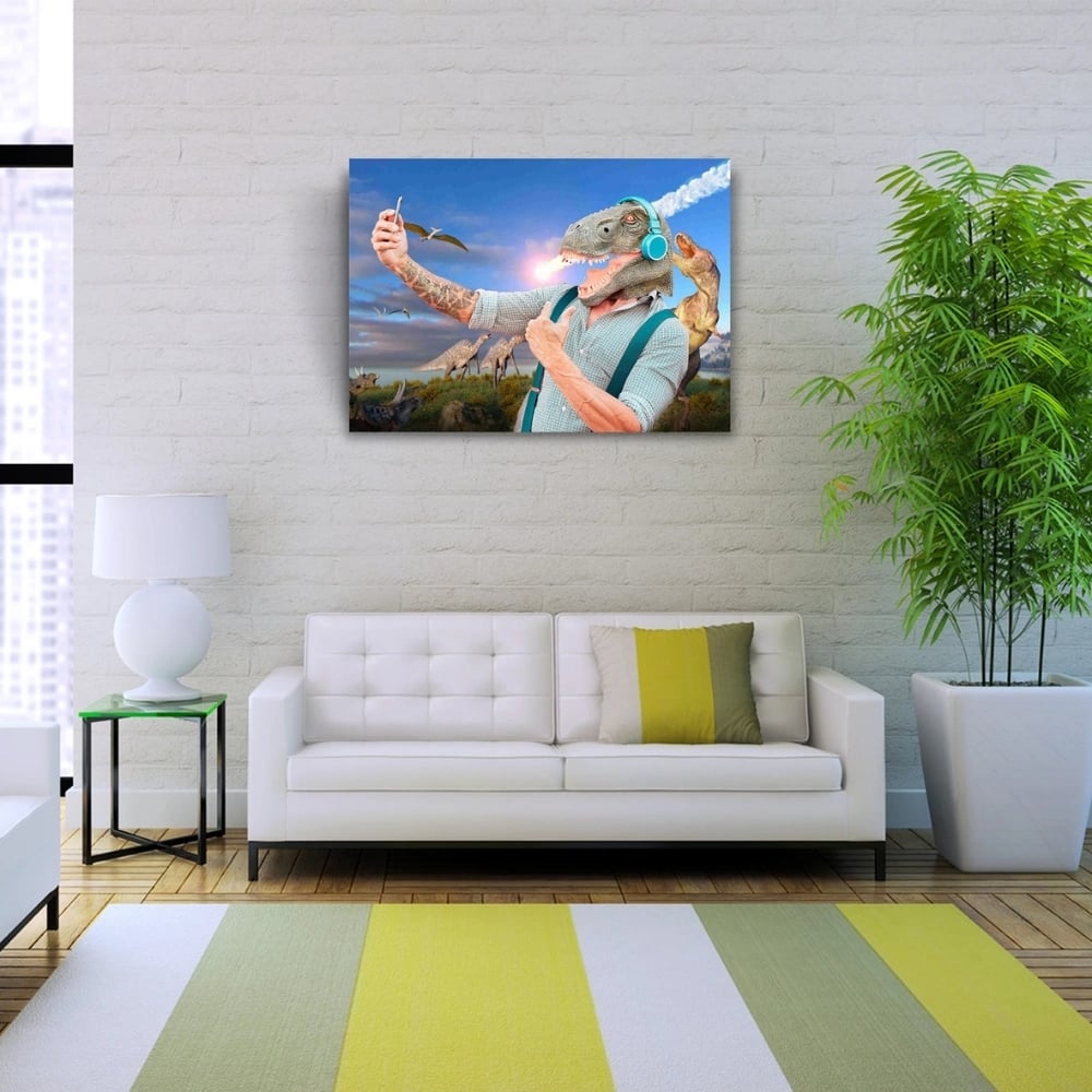 Mavi Tonlarda Dinazor Başlı Adam Resmi Kanvas Tablo 50 x 70