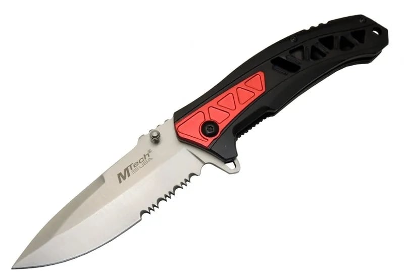 Mtech 4192 Kırmızı Kamp Çakı 21cm - Yarı Otomatik, Kemerlikli, Testere Detaylı, Desenli Sap