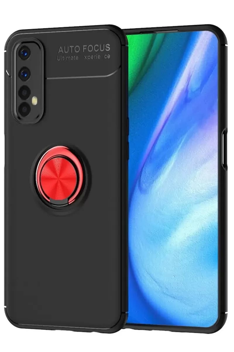 Realme 7 Kılıf Range Yüzüklü Silikon - Siyah-Kırmızı