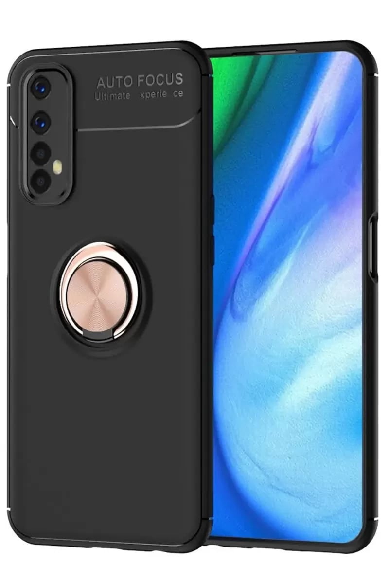 Realme 7 Kılıf Range Yüzüklü Silikon - Siyah-Gold