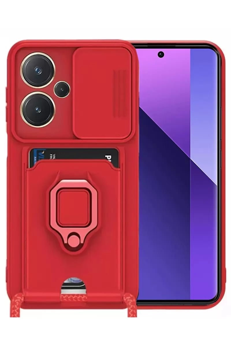 Redmi Note 13 Pro Plus Kılıf Zuma Kartvizitli Yüzüklü Silikon - Kırmızı