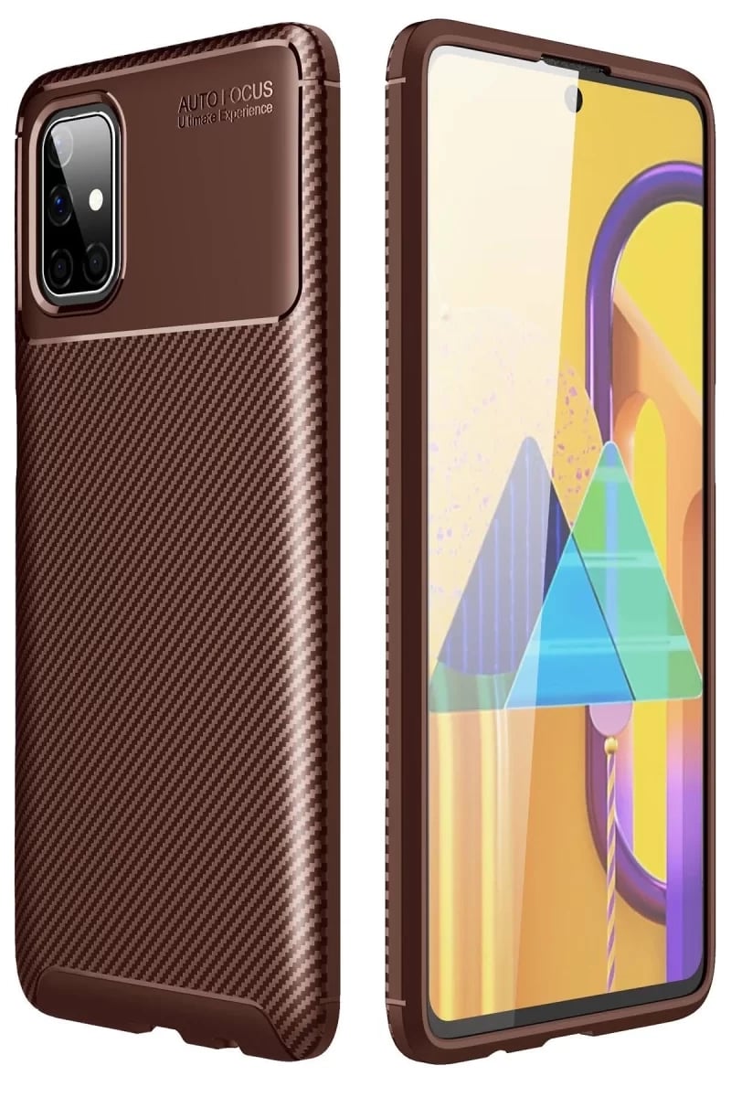 Samsung Galaxy M51 Kılıf Auto Focus Karbon Kapak - Kahverengi