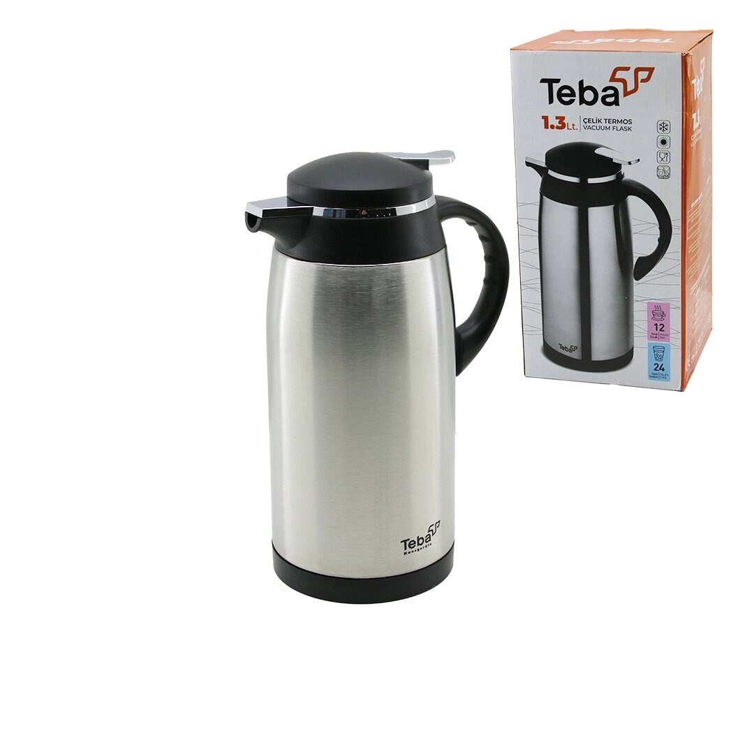 TERMOS TEBA 1.3LT ÇELİK TERMOS İÇ KISMI CAM 12 SAAT SICAK 24 SAAT SOĞUK ÇİFT CONTALI KAPAK