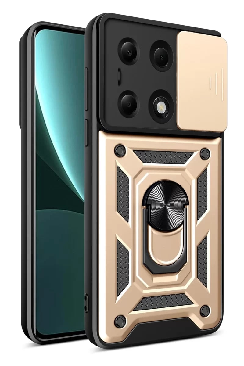 Xiaomi Poco M6 Pro 4G Kılıf Pars Lens Yüzüklü Silikon - Gold