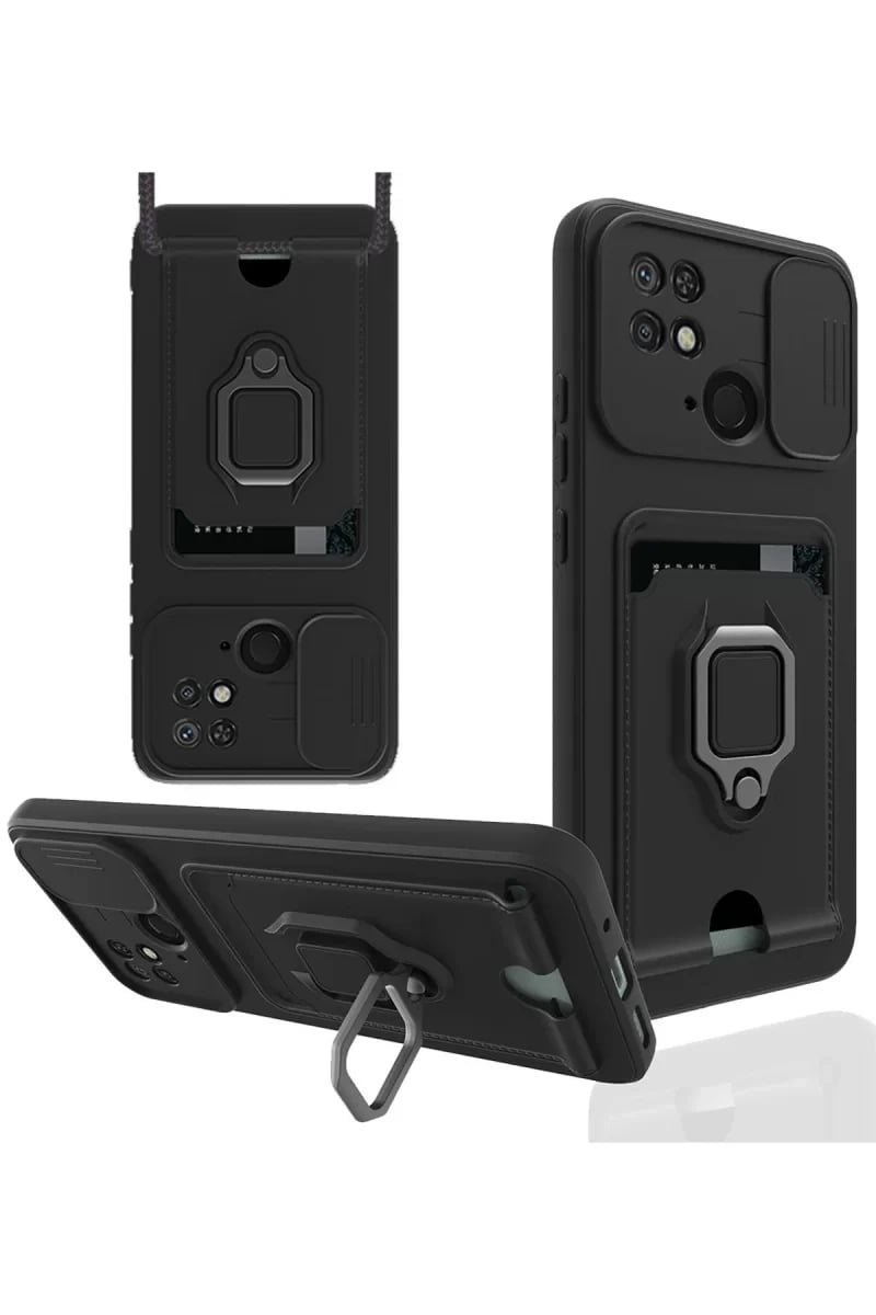 Xiaomi Redmi 10C Kılıf Zuma Kartvizitli Yüzüklü Silikon - Siyah