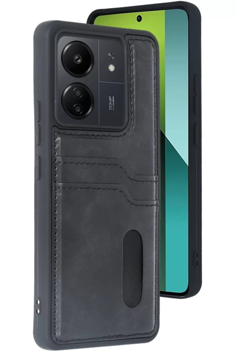 Xiaomi Redmi 13C Kılıf Sara Kartvizitli Deri Kılıf - Siyah
