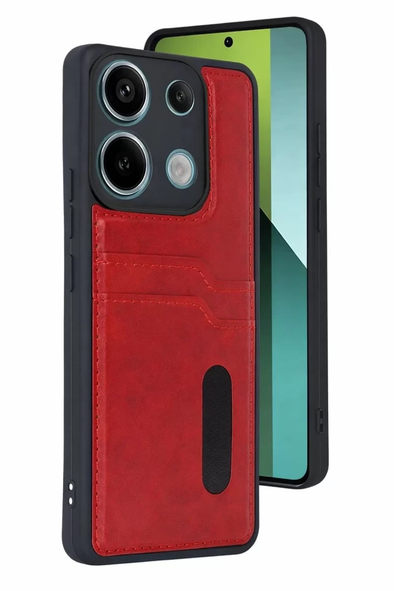 Xiaomi Redmi 15C 4G Sara Kartvizitli Deri Kılıf - Kırmızı