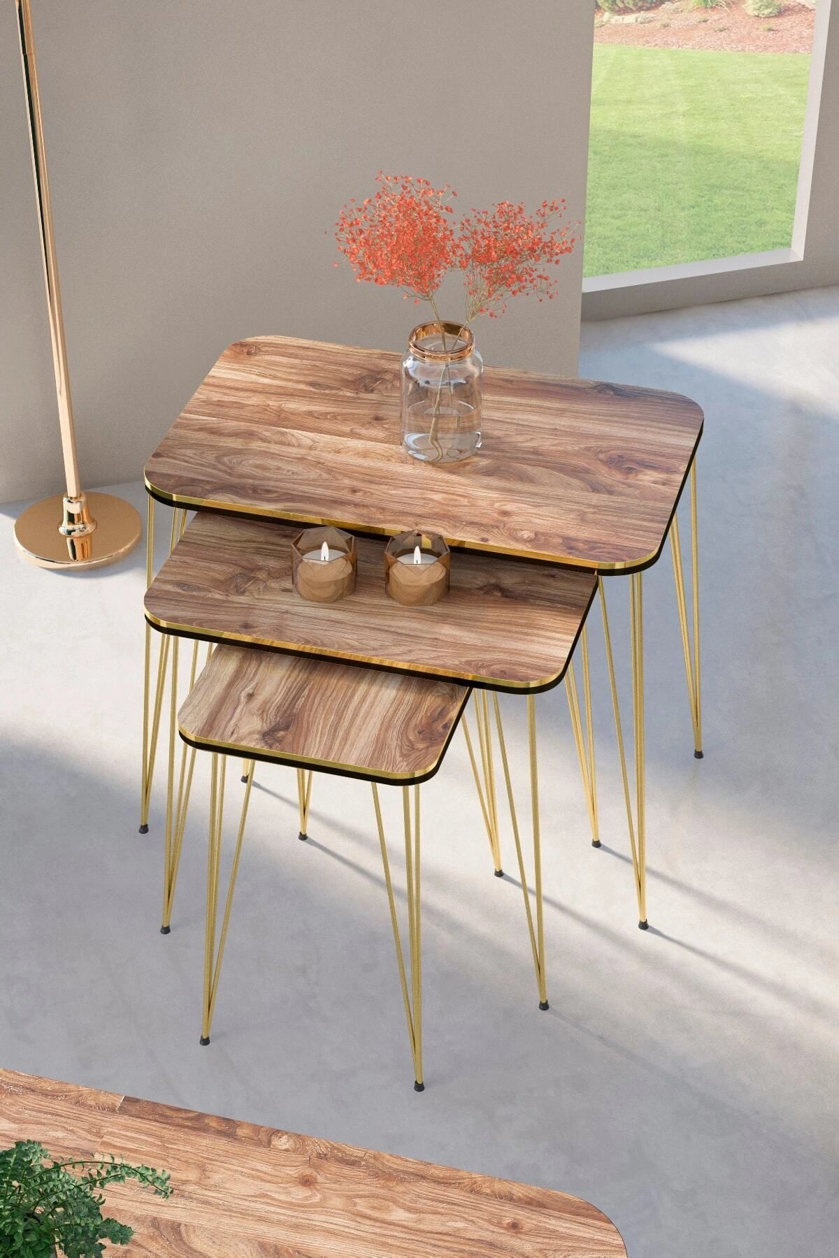 Zigon Sehpa Kare Çift Gold Ceviz Tel 1031