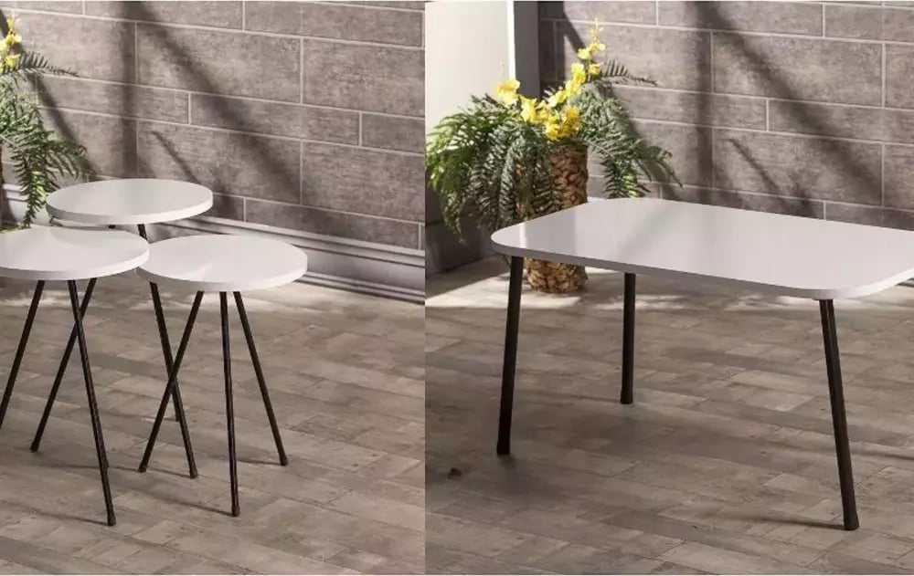 Zigon Sehpa Ve Orta Sehpa Set Kr Metal Beyaz