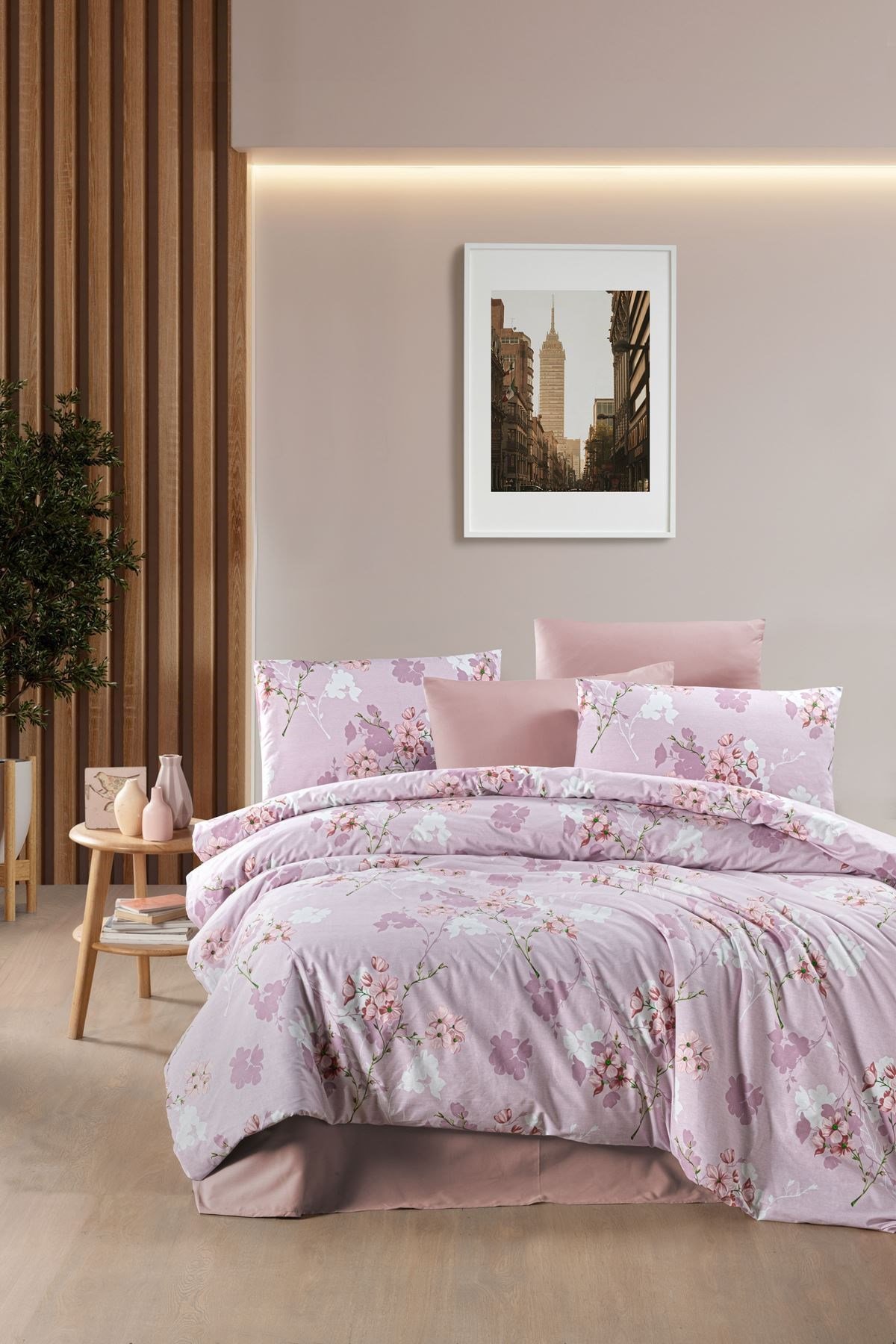 FLORA %100 PAMUK ÇİFT KİŞİLİK NEVRESİM TAKIMI PEMBE