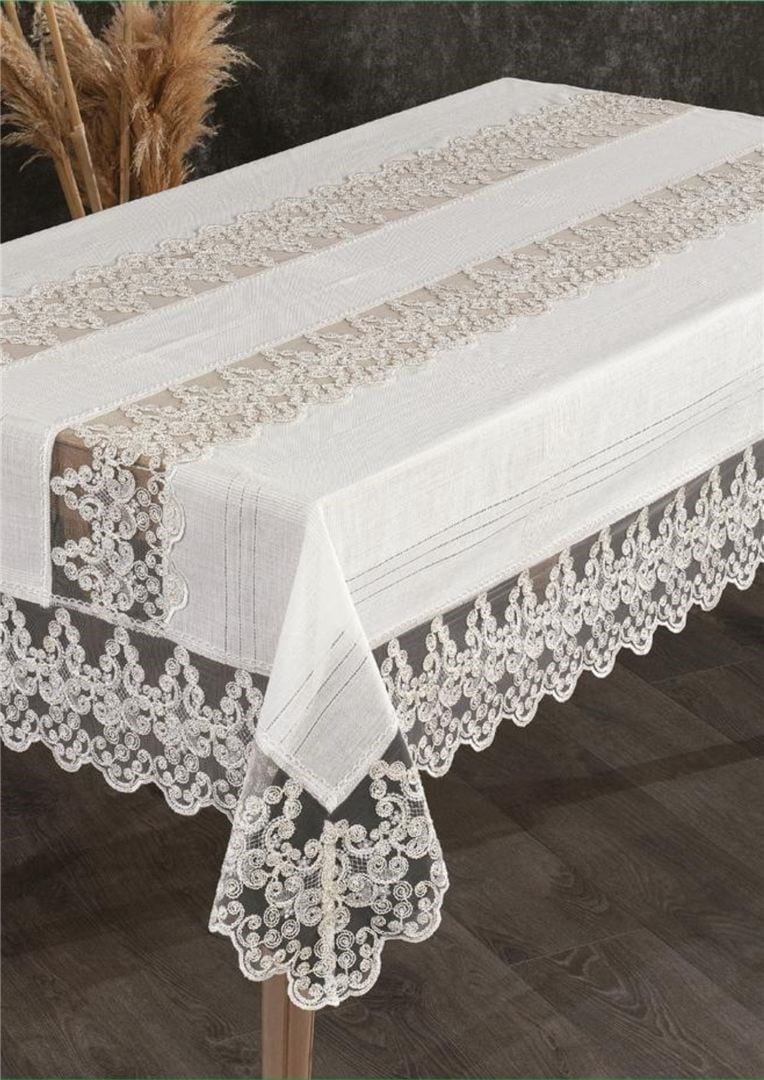 NEW JASMİN KREM KENARI DANTEL DETAYLI DERTSİZ KUMAŞ YEMEK MASASI ÖRTÜSÜ
