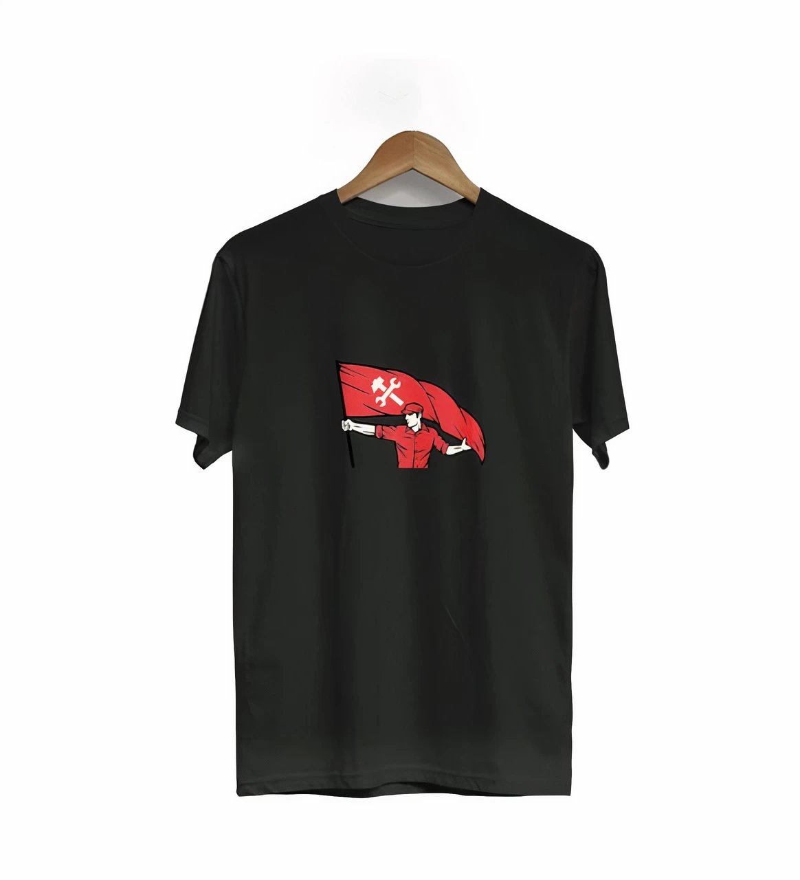 1 Mayıs Emek ve Dayanışma Bayraklı Emekçi Baskılı Bisiklet Yaka T-shirt - Siyah