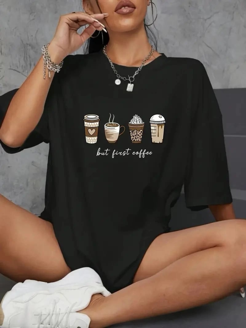 20/1 Penye Compack Baskılı Oversize Kahve Desenli Kadın Kısa Kol Yazlık T-shirt - Siyah