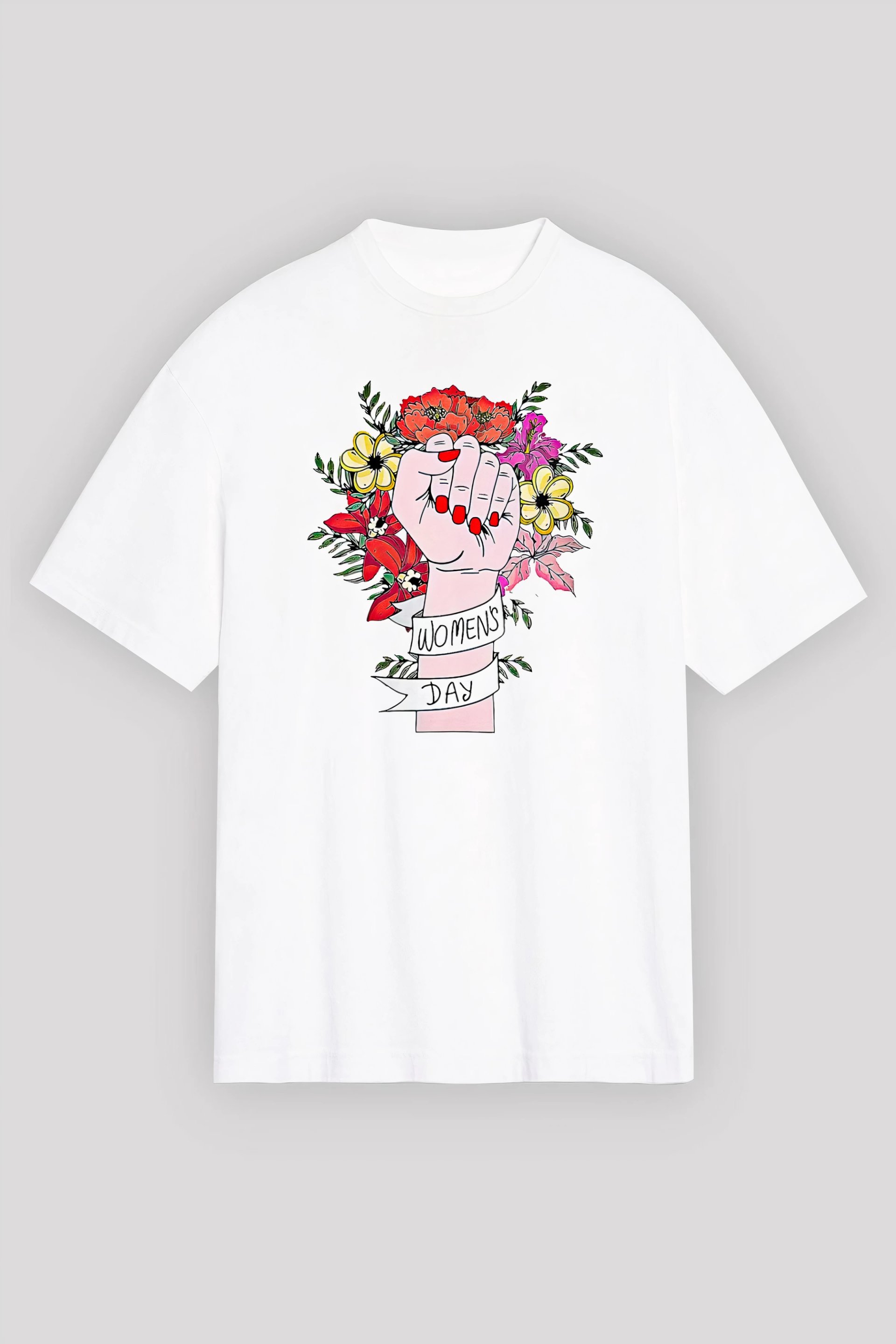 8 Mart Dünya Kadınlar Günü Baskılı Oversize Bisiklet Yaka T-shirt - Beyaz