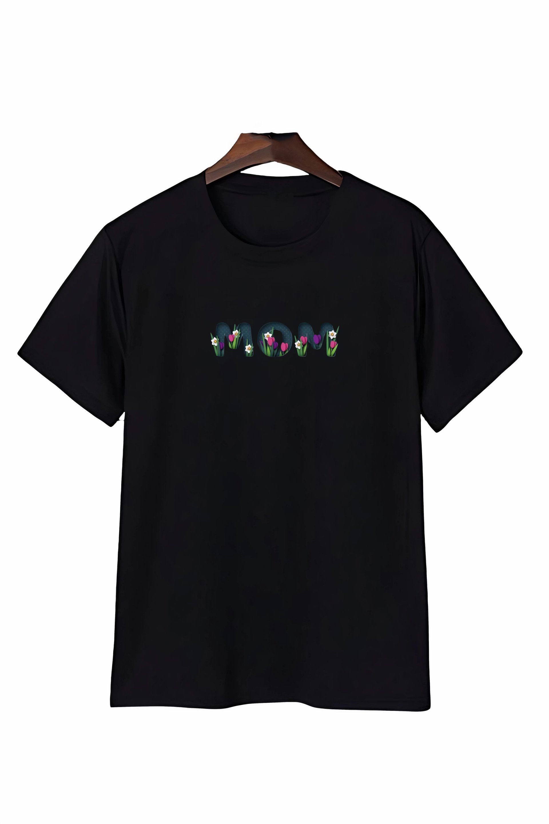 Anneler Günü Mom Çiçek Temalı Baskılı Oversize Bisiklet Yaka T-shirt - Siyah