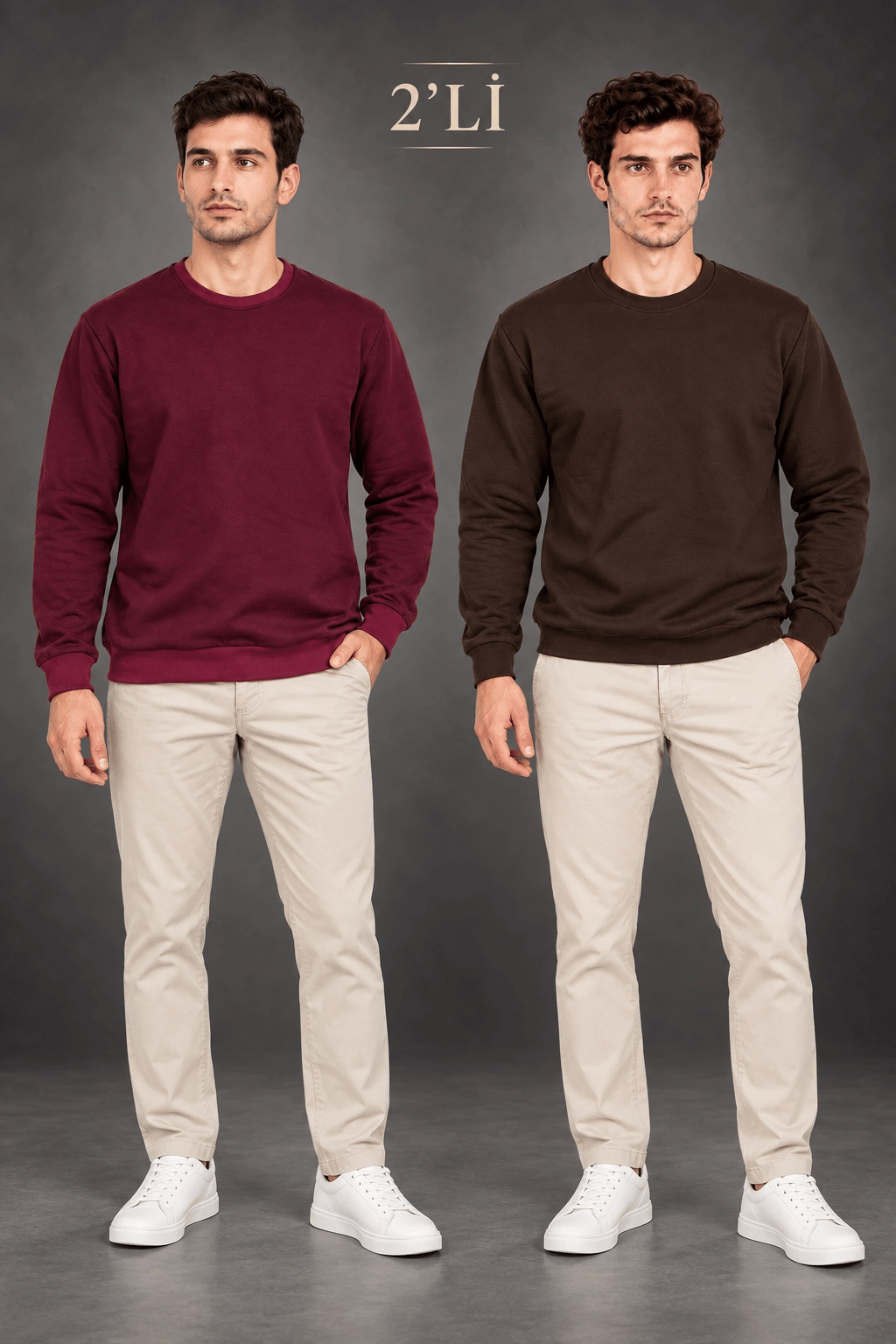 Erkek 2'Li Bisiklet Yaka İçi Şardonlu 2 İplik Düz Uzun Kollu Regular Fit Sweatshirt -Bordo & Kahverengi